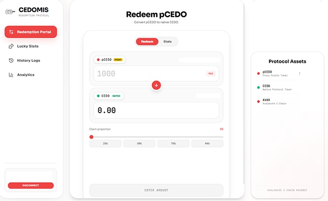 A screenshot of the Cedomis Redemption Protocol interface displaying a pCEDO to CEDO conversion portal with a 1000 pCEDO MAX balance and 0.00 CEDO native balance, alongside a sidebar showing Protocol Assets including pCEDO, CEDO, and AVAX on Avalanche C-Chain Mainnet, illustrating the official $PCEDO → $CEDO token conversion process announced for the $CEDO launch.