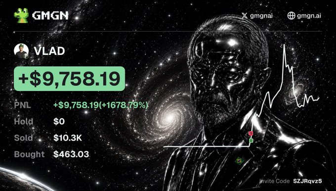 A promotional graphic for GMGN features the "Vlad" profile showing a massive +$9,758.19 PNL (+1678.79%) gain, with an illustrated dark, muscular figure set against a cosmic galaxy background. The accompanying post celebrates this extraordinary profit—framed as if hacked into Vlad's account—while the image itself displays an invite code (SZJRqvz5) tying the impressive returns back to the GMGN platform.