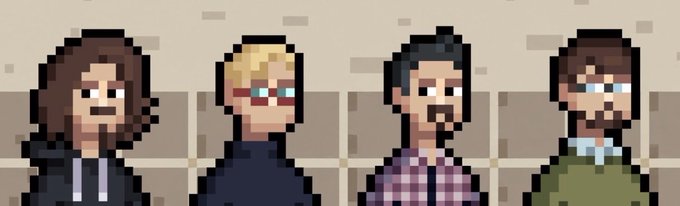 A pixel art illustration shows four stylized character portraits in a row, resembling cast members from *The Wolf of Wall Street*, set against a muted brick wall background. The image thematically ties to the post about "Stock Salesman," an NFT-based game where players take on the role of stockbrokers, managing clients and earning money based on their stock recommendations.