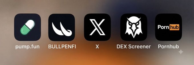 Five smartphone app icons displayed in a row: pump.fun, BULLPENFI, X (Twitter), DEX Screener, and Pornhub.