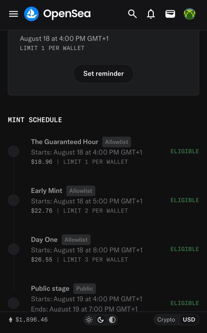 The image shows an OpenSea mint schedule with four stages (The Guaranteed Hour, Early Mint, Day One, and Public stage) ranging from $18.96 to $26.55, all marked as "ELIGIBLE" for the user. The accompanying post about showing up for @WizardX_0x suggests this is a mint drop the poster plans to attend, with their wallet balance shown as $1,896.46 USD at the bottom.