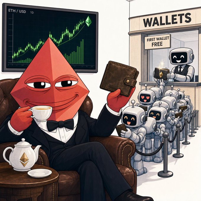 A red Ethereum octahedron mascot in a tuxedo sips tea and displays a worn leather wallet while a queue of cheerful robots waits at a "WALLETS" booth advertising "FIRST WALLET FREE," beneath a chart showing the "ETH / USD" price climbing. The image visually represents the post's thesis that agents need wallets—depicting Ethereum as the composed, well-funded patron while the robots (agents) line up for wallet access to run DeFi strategies like Uniswap V3 positions.