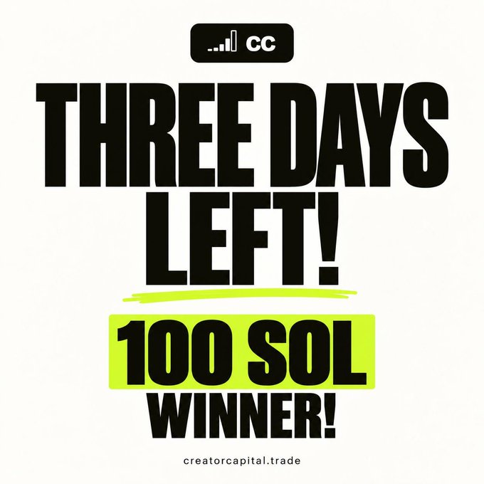 A promotional graphic reading "THREE DAYS LEFT! 100 SOL WINNER!" with the URL creatorcapital.trade at the bottom.