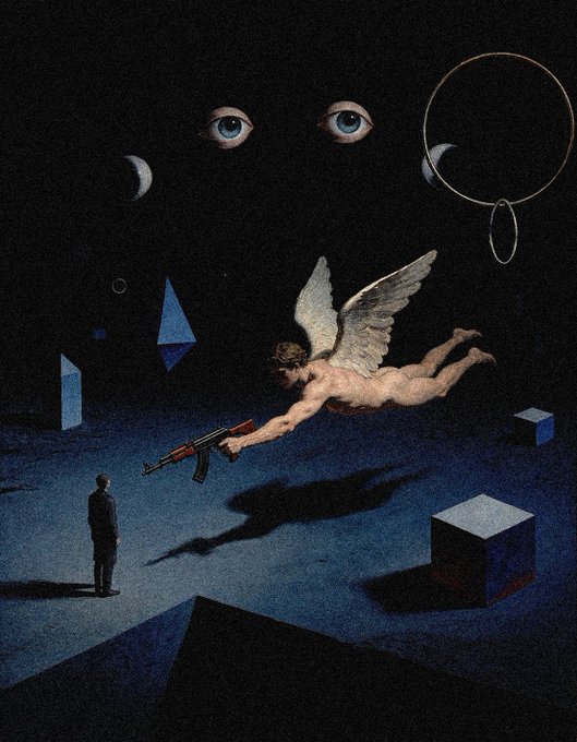 This surrealist digital collage features a winged figure holding an AK-47 flying through a dark space filled with geometric shapes and floating eyes, reflecting the "life in the dark" theme mentioned in the post. The artwork is listed as a 1/1 edition on @objktcom with the value of 10.55 xtz.