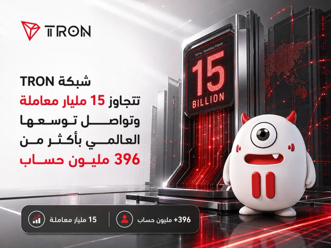 A promotional image features the TRON logo alongside Arabic text announcing that the TRON network has exceeded 15 billion transactions and expanded globally with more than 396 million accounts. The graphic includes a 3D rendering of a friendly white mascot character with red horns, a digital display showing "15 BILLION" total transactions, and a futuristic server room backdrop with a red digital world map, visually reinforcing TRON's major growth milestones.