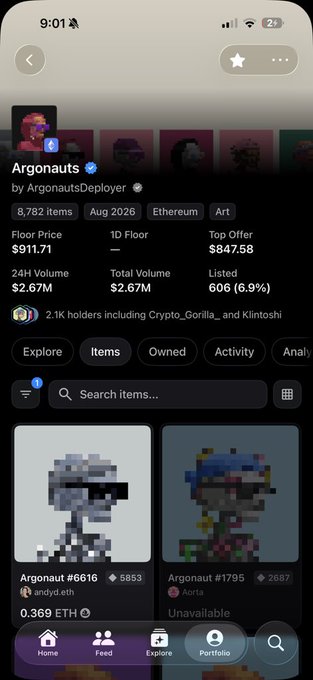 A mobile screenshot of the OpenSea NFT marketplace displaying the "Argonauts" collection by ArgonautsDeployer, featuring 8,782 items on Ethereum with a floor price of $911.71 and 24H volume of $2.67M, showing pixelated character NFTs like "Argonaut #6616" priced at 0.369 ETH. The "peace" theme likely refers to the serene, low-stakes browsing of NFT listings.