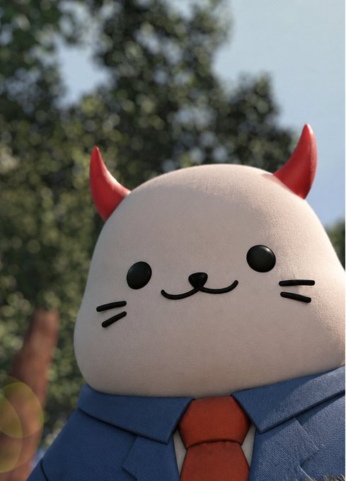 A 3D-rendered cute white cat-like character with red devil horns, wearing a blue suit and orange tie, stands against a backdrop of green trees and sky.