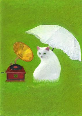 A painting of a white cat sitting beside an old-fashioned gramophone on a green background, with a white lace umbrella sheltering the scene.
