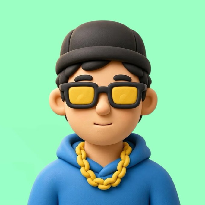 A 3D-rendered cartoon character with a dark cap, yellow-tinted glasses, blue hoodie, and gold chain necklace against a mint green background.