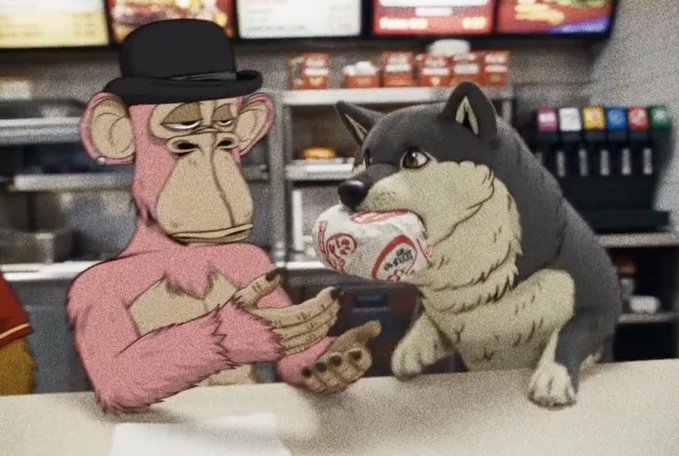 An edited meme image showing a pink monkey character in a top hat interacting with a Shiba Inu dog holding a takeout box at a fast-food counter.