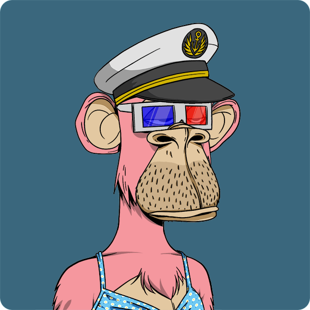 The image features a cartoon character, likely an anthropomorphic monkey or a pink avatar of a person wearing a hat with a badge that says "Docker". The character appears to be dressed in a blue dress and has a hat on their head. They are standing against a blue background, which is the color scheme for the post where this image was posted. The caption reads: "Ape #2318 Bought for 9.589 ETH 0x2946...a20b ... Return to Monke: opensea.io/collection/bor ... bored ape yacht club".