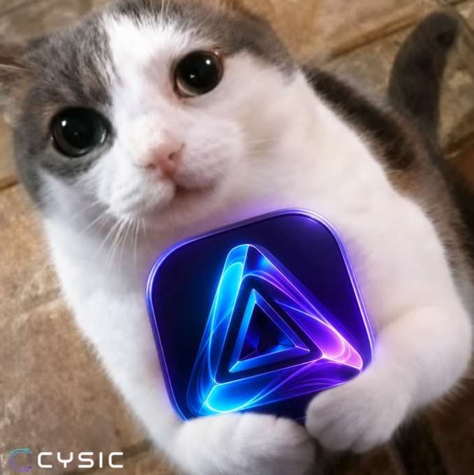 A cute white and grey kitten holding a glowing purple and blue CYSIC logo emblem, with 'CYSIC' text in the bottom corner.