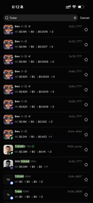 The image shows a phone screenshot of the GMGN app displaying multiple transactions from users named "Ben" and "TODAR," all involving various memecoin tickers like $0x2c..7777, $0x32..7777, $0x79..7777, and $TODAR, with small amounts (around $0.30-$5.09) spent on buying MC tokens. The post's caption "wtf none of these are real" suggests skepticism about the legitimacy of these repetitive, small-volume memecoin trades shown in the transaction history, possibly implying bot activity or wash trading rather than genuine user activity.