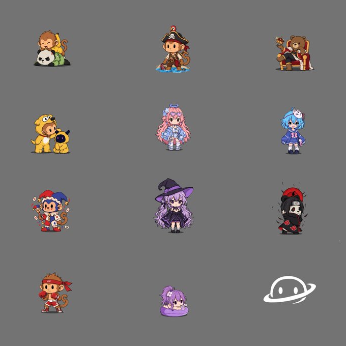 A collection of 11 cartoon-style character sprites arranged on a gray background, including monkey warriors, a pirate, a bear king, anime-style girls in various costumes, and a small planet icon.