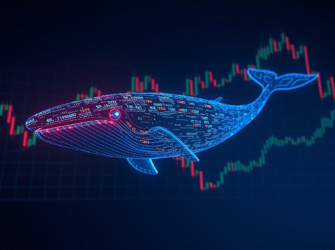A digital illustration of a glowing blue wireframe whale overlaid with stock market data and numbers, set against a background of red and green candlestick trading charts.