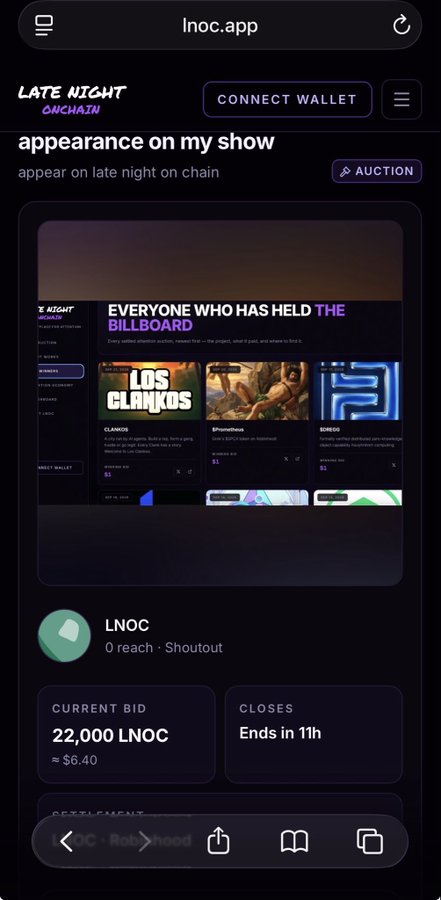 Mobile screenshot of the 'lnoc.app' showing an auction listing titled 'appearance on my show' with a current bid of '22,000 LNOC' (~$6.40) that 'Ends in 11h'.