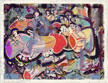 A vibrant abstract artwork featuring swirling, colorful shapes in hues of purple, red, yellow, and teal, with handwritten text including "Don't let" visible at the top, serving as a promotional visual for Harvey Rayner's Jankpop #55 and #56 NFT collection minting on Art Blocks.
