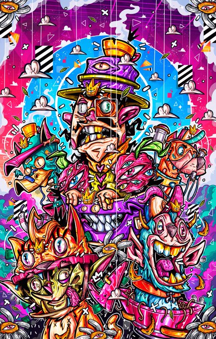 A vibrant, psychedelic graffiti-style illustration featuring cartoon characters with exaggerated expressions, multiple eyes, and crowns, set against a bright pink and blue background with geometric patterns.