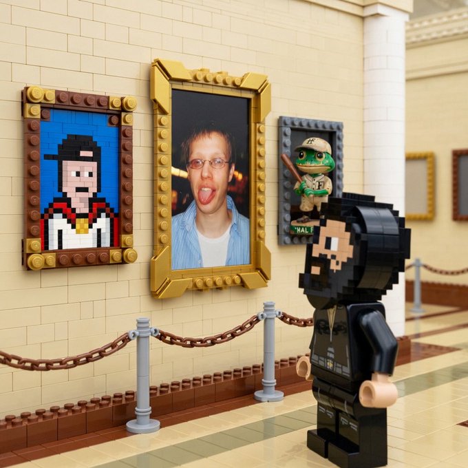 A LEGO figure in a black hooded outfit stands before a museum-style gallery featuring framed portraits, including one of a young man sticking his tongue out and another labeled "HALE" showing a baseball player frog figurine, with the message "Never forget" suggesting a memorial tribute.