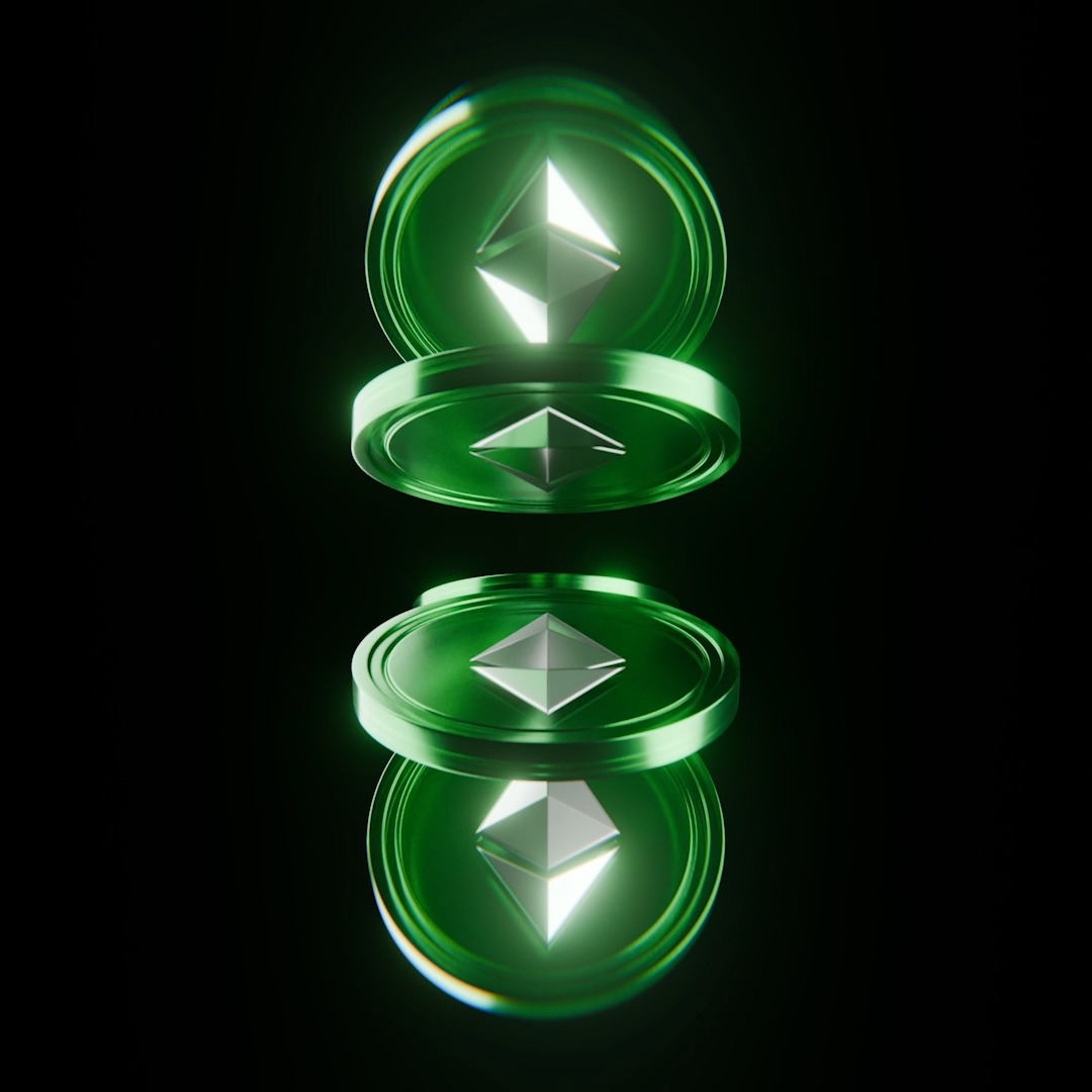 Four green Ethereum logo coins are stacked and mirrored against a black background, visually emphasizing ETH's recent breakout above $2,500 and its strong ETF-driven momentum.