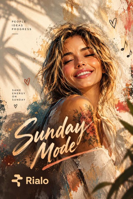 Artistic promotional poster featuring a smiling woman with closed eyes with text 'PEOPLE IDEAS PROGRESS' and 'SAME ENERGY ON SUNDAY' promoting 'Sunday Mode' by Rialo.