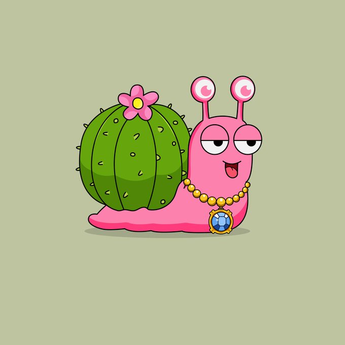 A cartoon illustration of a pink snail with a green cactus for a shell, adorned with a pink flower, wearing a gold chain with a large blue gemstone pendant.