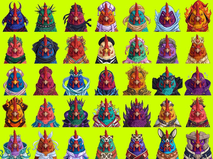 A grid of 35 colorful 2D-rendered chicken avatars against a bright yellow-green background, representing the Roost NFT collection on OpenSea. The illustration showcases the project's 2D art style evolution, with each character featuring unique designs, accessories, and vibrant color palettes.