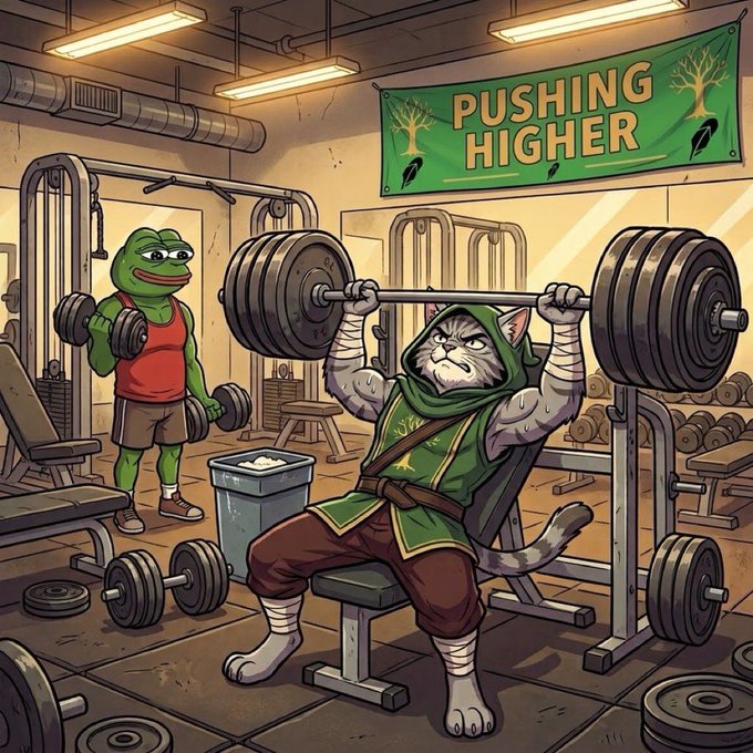 An illustration depicts a muscular anthropomorphic cat in a green hooded robe lifting a heavy barbell in a gym, accompanied by a Pepe the Frog character, under a banner reading 'PUSHING HIGHER'.