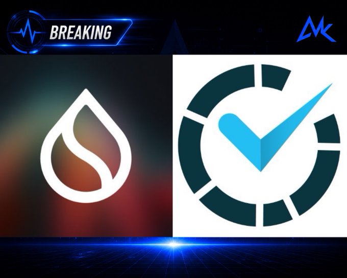 A 'BREAKING' news graphic displays the Sui cryptocurrency logo alongside another circular logo, branded with an 'MK' watermark.