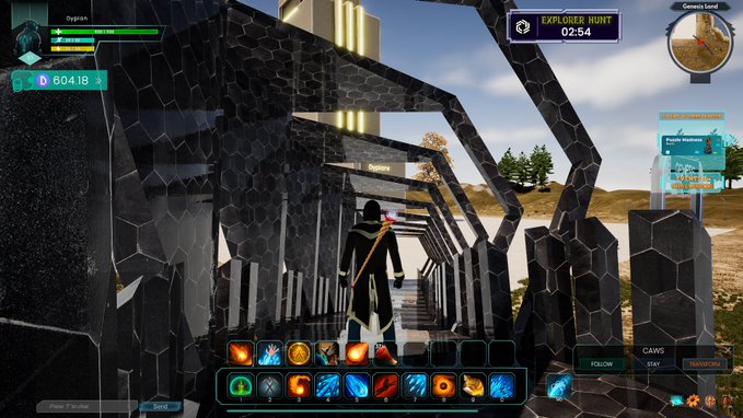 The image shows an exciting video game scene with a player standing at the center of a large tunnel filled with various items such as swords, shields, and other weapons. The player has a sword in hand and is facing towards the left side of the screen. In the background, there are several buildings that appear to be part of the game's environment. A clock can also be seen on the right side of the image.