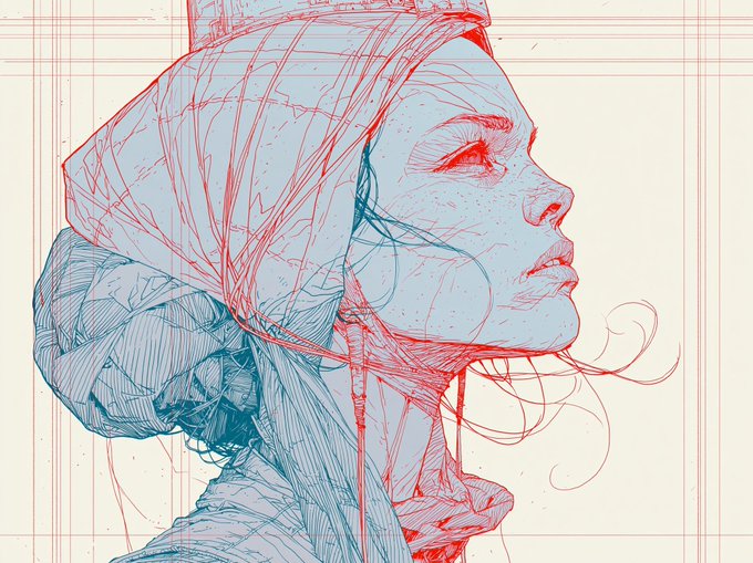 A blue and red sketch-style illustration of a woman's profile facing right, with her hair blowing in the wind.