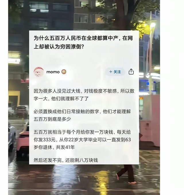 A Chinese social media post overlaid on a rainy street scene at night, asking why people with 5 million RMB are considered middle class globally but called poor online, with an answer explaining 5 million equals 10,000 yuan monthly.