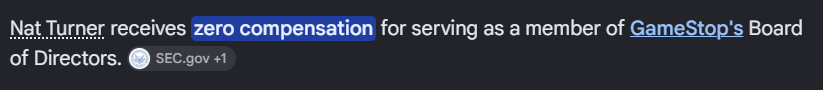 A dark graphic with text reading "Nat Turner receives zero compensation for serving as a member of GameStop's Board of Directors." with "zero compensation" highlighted in blue and a SEC.gov +1 citation.