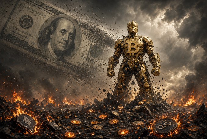 A colossal figure clad in gold armor emblazoned with the Bitcoin "₿" logo and wearing a crown stands amid flames and rubble, towering over a battlefield littered with cryptocurrency coins, while a giant torn $100 US bill featuring Benjamin Franklin disintegrates in the smoky background. The image visually embodies the post's message about financial choices, depicting the Bitcoin knight as the surviving champion who weathers crypto's drawdowns, contrasted against the burning remains of other assets—including idle USD losing purchasing power and failed microcap projects.