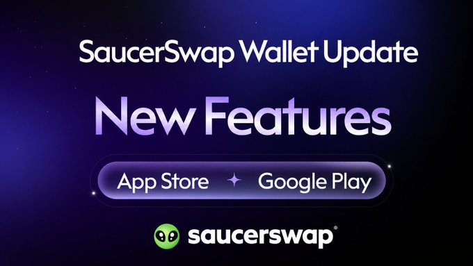 A promotional graphic with a purple gradient background announcing 'SaucerSwap Wallet Update New Features' available on the App Store and Google Play, featuring the SaucerSwap logo.