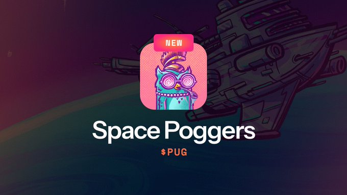 A promotional image for 'Space Poggers' with the ticker '$PUG', showing a colorful cartoon owl character with 'NEW' label against a spaceship background.