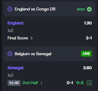 The image shows a sports betting interface displaying two matches: England vs Congo DR (won 1x2 bet with final score 2-1 at 1.30 odds) and a live Belgium vs Senegal match in the 2nd half at 51:46, with Senegal leading 0-2 and 1x2 odds of 3.60.