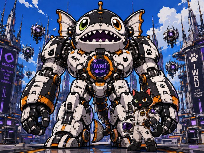 A massive white, black, and orange fish-themed mech with sharp teeth and a chest plate labeled "IWRU" towers beside a small black cat character in an astronaut suit, set against a futuristic cityscape featuring "MONAD" and "FISH POWER ENGINE" signage. The illustration playfully brings the post's concept to life, depicting IWRU as the pilot of a giant, powerful "fish mecha" ready to charge into the future with Monad.
