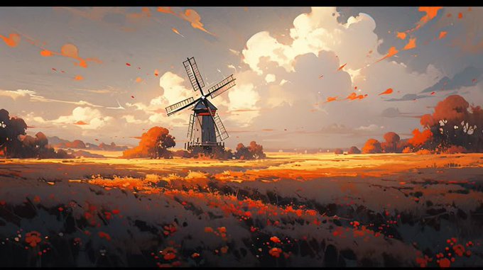 A digital painting depicts a windmill in a field of orange flowers under a sunset sky with scattered clouds and flying leaves.