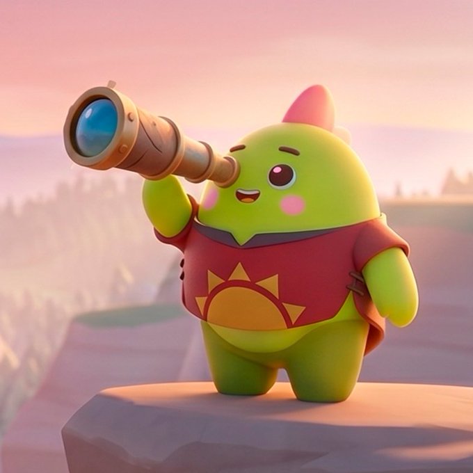 The image features a cartoon character, likely a green frog or monster, standing on top of a rock formation. The character has a telescope attached to its head, suggesting that they are exploring the outdoors or looking for something interesting. The caption provided after the image reads "if you care about owning your own health data, @sleepagotchi is one of the most exciting projects in web3 right now". This implies that the character might be involved in a project related to health and wellness, possibly using its telescope-equipped head to gather information or monitor their surroundings.