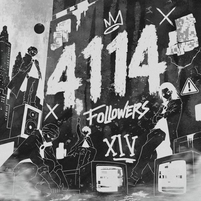 Black and white graffiti-style artwork featuring the text 'AURA FOLLOWERS XLV' with characters in masks, a crown symbol, and urban/industrial elements.