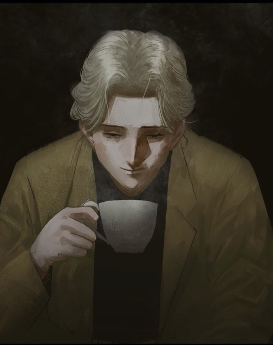 A moody digital portrait of a blond man in a brown coat holding a white teacup, looking down with a somber expression against a dark background.