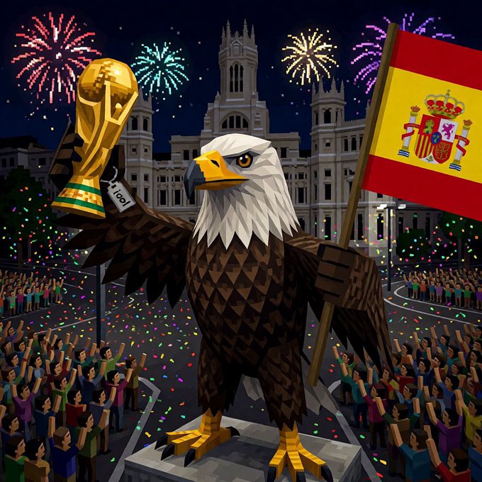 Digital artwork featuring an eagle holding a trophy and Spanish flag, with fireworks over a crowd celebrating in front of a cathedral-like building.