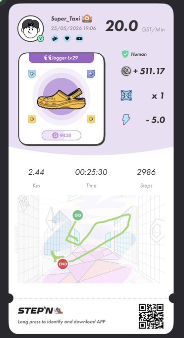 The image shows a phone screen displaying a map of a city with a route marked by a red line, along with a list of items that include a yellow shoe, a black and white cat, and a green triangle. The text on the screen reads "Today'S #proofOfwalk #stepn code #POL Realm #MB5".