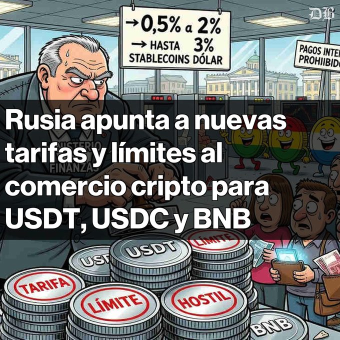The image features an illustration of a cartoon man with angry facial expressions holding coins, suggesting he may be protesting or fighting against something. The cartoon also includes text that translates to "Russian economy being hit by cyber attack", indicating that there might be some kind of conflict related to cryptocurrency or financial systems in Russia. There are people around the man and coins in various positions throughout the image, but they do not seem directly involved with the ongoing scene.