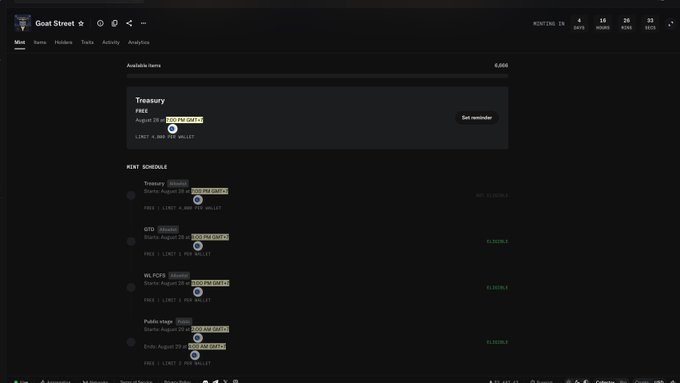 A dark-themed interface for 'Goat Street' shows a Treasury section with mint schedule and various tokens including MLFOR, GTO, and Public stage.