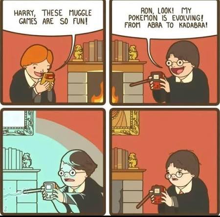 A four-panel comic depicting Harry Potter and a character resembling a young Voldemort playing with Muggle Game Boys, with speech bubbles reading: 'HARRY, THESE MUGGLE GAMES ARE SO FUN!', 'RON, LOOK! MY POKEMON IS EVOLVING! FROM ABRA TO KADABRA!', and the bottom panels showing a spell reacting with the games.