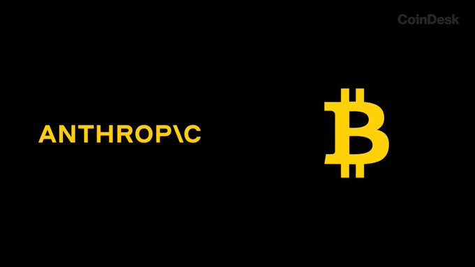 The image displays the Anthropic logo alongside a yellow Bitcoin symbol on a black background, with the CoinDesk watermark in the top right corner. The graphic visually pairs AnthropicAI with Bitcoin, illustrating the post's context where BitGo CEO Mike Belshe challenges Anthropic's AI to attempt hacking a Bitcoin wallet.