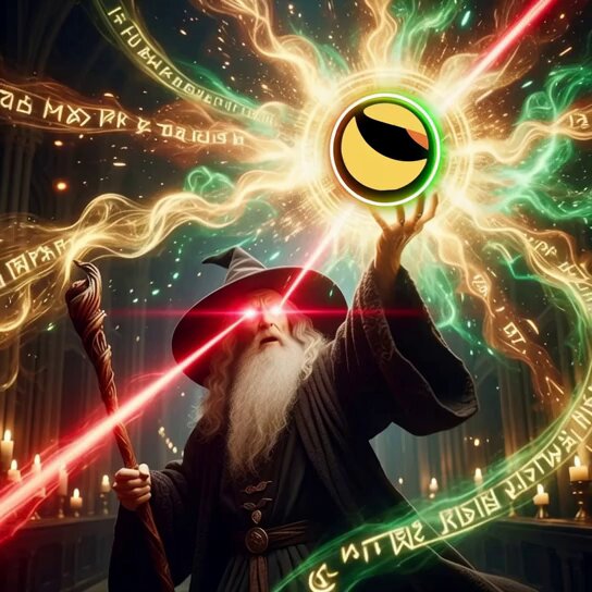 The image features a man dressed as a wizard, wearing a black robe and hat with a long white beard. He holds a yellow ball above his head while surrounded by a bright light that appears to be emanating from the center of the image. The background is filled with various symbols and text in different colors, including red, green, blue, and gold. The post reads "Hold the line", which could possibly be a command or instruction for the wizard character in the image.