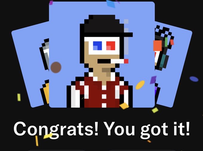 A pixel-art congratulatory graphic shows a character with 3D glasses and a cigarette in their mouth, with the text 'Congrats! You got it!' against a light blue background with confetti.